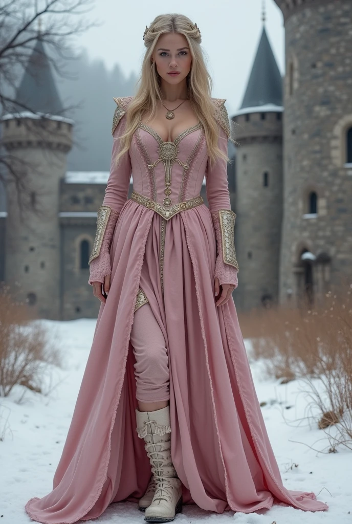 I want you to make me a realistic woman, with a pastel pink Game of Thrones style medieval age dress style , where you can see her breasts and naked nipples, who is wearing winter boots , outside a medieval castle, Best Quality, illustration, ultra detailed, finely detail, High resolution, 8K Wallpaper, Perfect dynamic composition