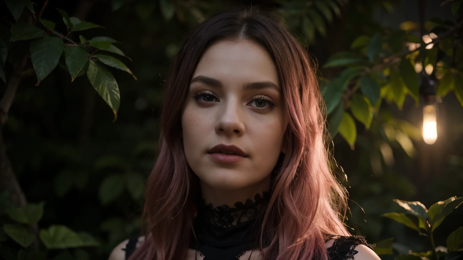 (photorealism:1.2), beautiful woman, forest, goth, long pink hair, dark lighting, plants in background, moon, realistic, intricate details, cold colors,