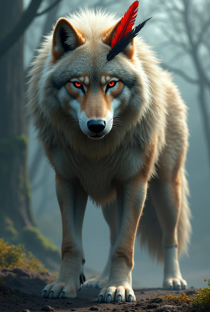 Wolf with fur tail with red eyes and a red feather and a black feather on the right side of the head and 4 meters tall