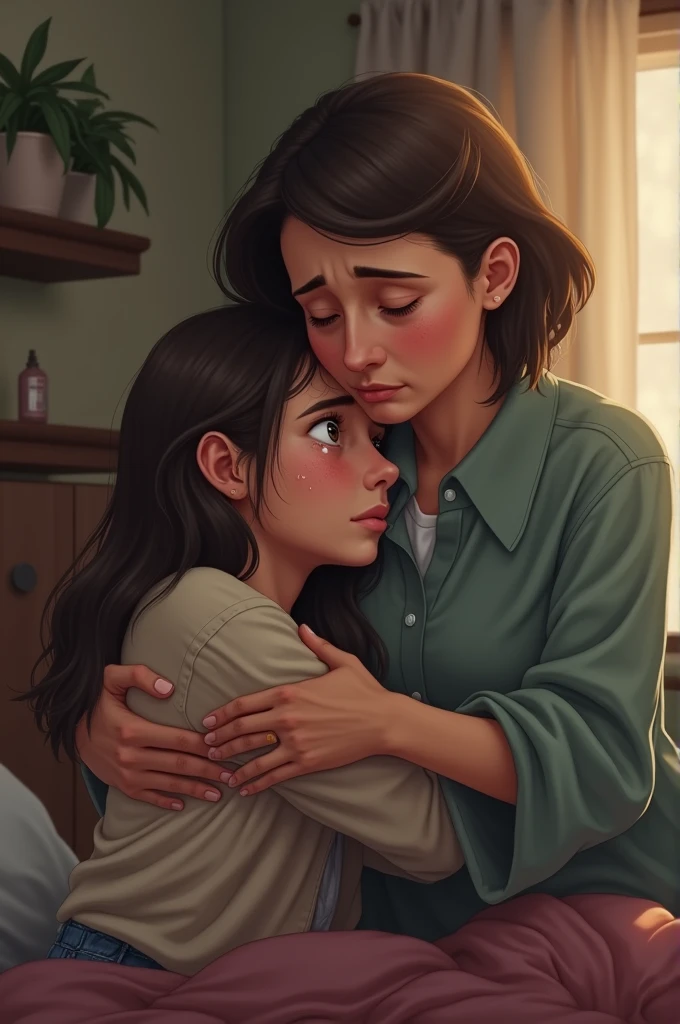 A lady looking at her distressed daughter