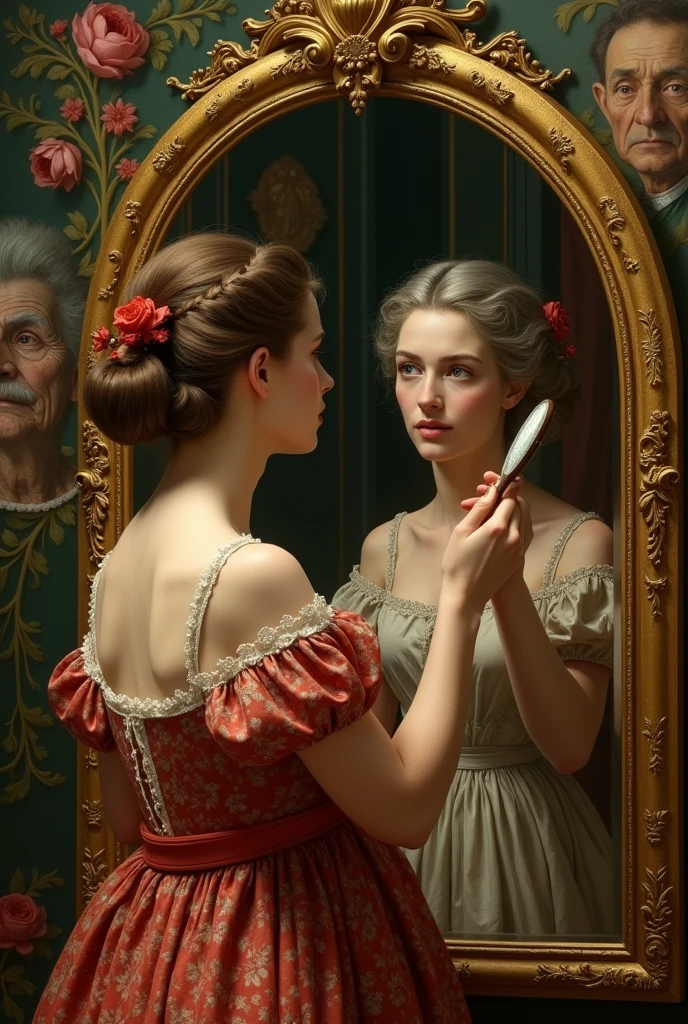 Renaissance painting of a very beautiful young narcissistic girl in a reddish flowery dress brushing her hair looking in the imperial mirror while seeing in the corner of the mirror the face of an elderly woman in a white dress tearing, affirming her old age and existential finitude 