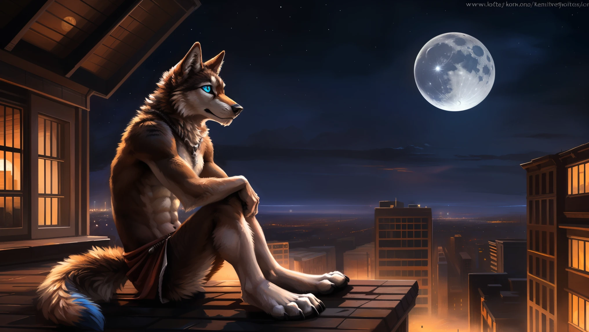 ((Solo)), male people, anthro wolf, (Multi-colored fur, White-brown:1.3), ((Wolf face, Big eyes, White eyelids, Blue pupil, Slim:1.2) (Tough, Calm expression:1.2)), (Height 2.1 meters,Tail length 1.5m), Abs, Slim, pinging, (Correct anatomy), (Contour bone:1.2), The upper body is naked, (detailed outfits), a long large tail,Feet,(Realistic fur, Detailed fur texture, labeled:1.3)), (Natural lighting), Photorealistic, Hyperrealistic, ultradetailed, by Kenket,In the modern city,Roof,the night,Sit alone,Look at the full moon,It was dark,Starry