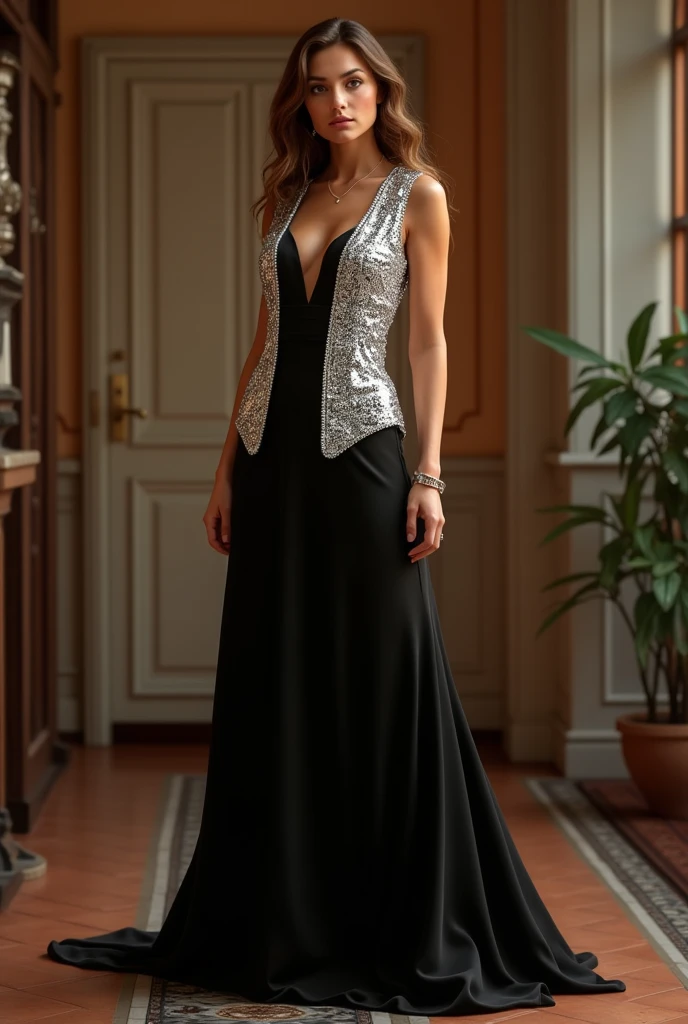 70s style woman in long black dress and silver sequin vest