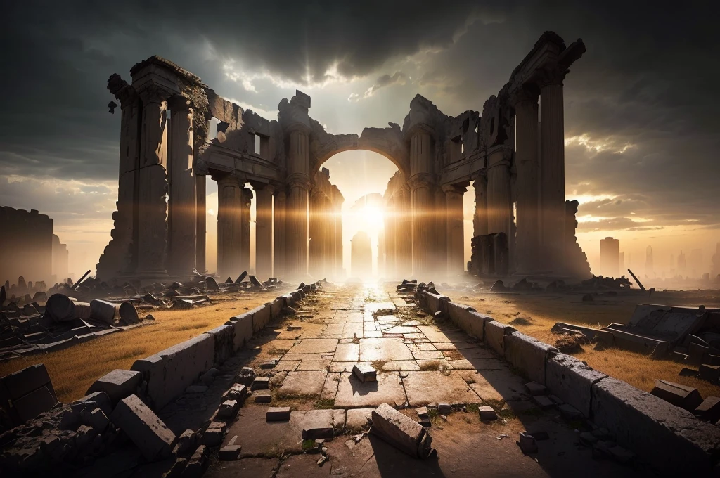 Photo taken from the ground in a ruined city，The sun shines through the clouds, Alexander Kucharsky, post apocalyptic ancient ruins, Epic cinematic matte painting, Symmetrical matte painting, dark ruins landscape, ancient ruins, Epic view of ancient ruins, ancient ruins background, dramatic cinematic composition, Ruins of ancient technology, dramatic concept art, Alexander Bogan , (low angle shot 1.8) ( Camera shot close to the ground 1.8 ）