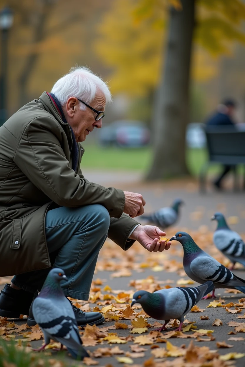 an elderly person feeding pigeons in the park
