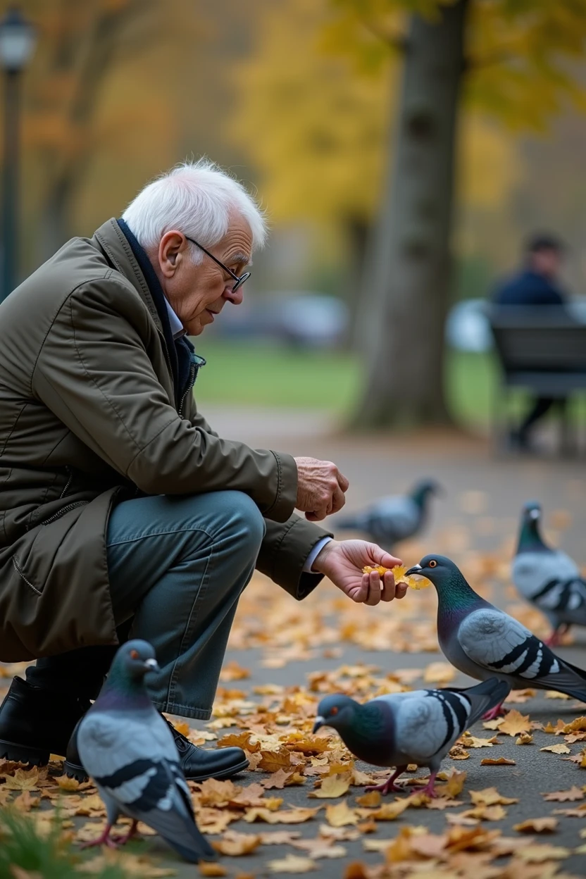 an elderly person feeding pigeons in the park
