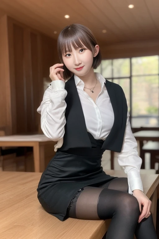 Tabletop, Highest quality, shape, Very detailed, finely, High resolution, 8k wallpaper,short hair、 完璧なダイナミックな構shape, Beautiful and beautiful eyes, suit,Natural color lip, smile、18-year-old girl,If you are wearing black tights or stockings、Plump thighs、Shortcuts