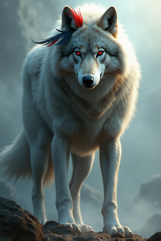 Wolf with fur tail with red eyes and a red feather and a black feather on the right side of the head and 4 meters tall