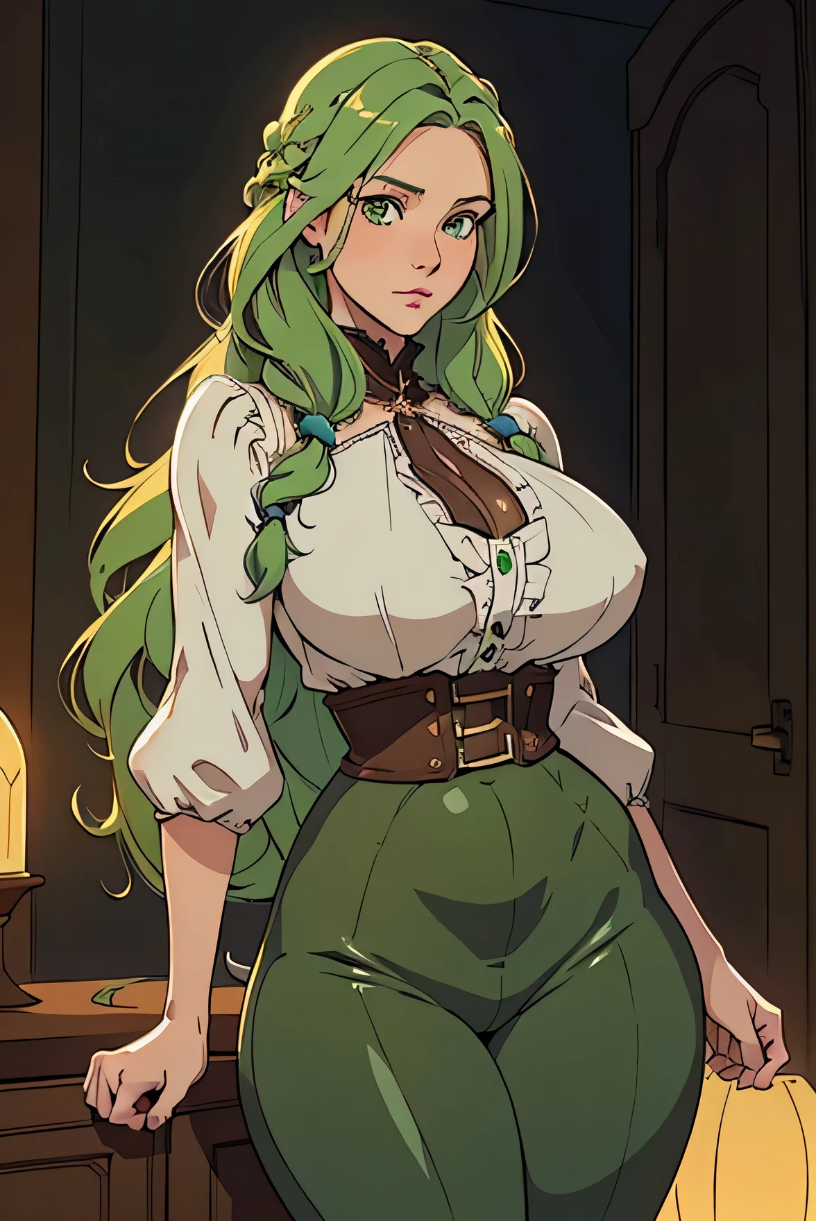 Cute Farmgirl with Braids. ((woman with light green hair, woman, long hair)), Perfectly round face. Beautiful cute face, Big beautiful voluptuous lips, charming beauty, ((gentle expression on your face)), ((Beautiful Big, detailed green eyes)), Waist slender, Broad Hips ((adventurous outfit, black blouse, leather pants, waist long)) (highy detailed)),offcial art, Award-winning digital painting, digital illustration, extreme detail, 4K, ultra HD, Rococo, polished, Intricate, realistic fantasy art, sharp focus, conceptual artwork, arte por WLOP, artgerm, (2D vector illustration) Light, airy, hourglass figure. ellie bamber