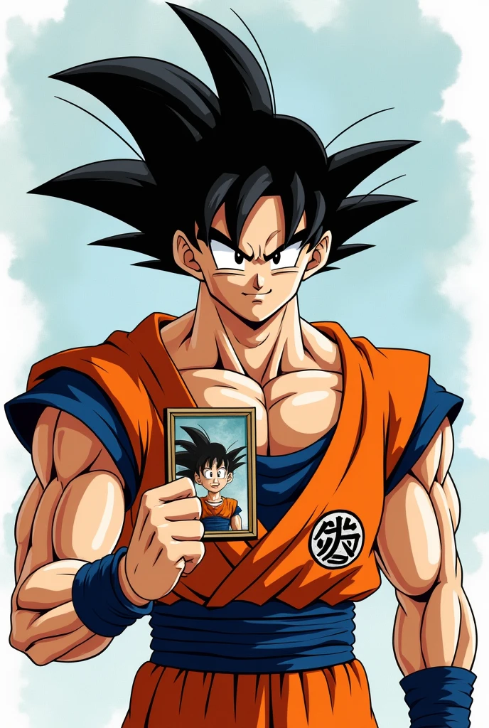 Goku holding a painting with his hand, at the height of his chest