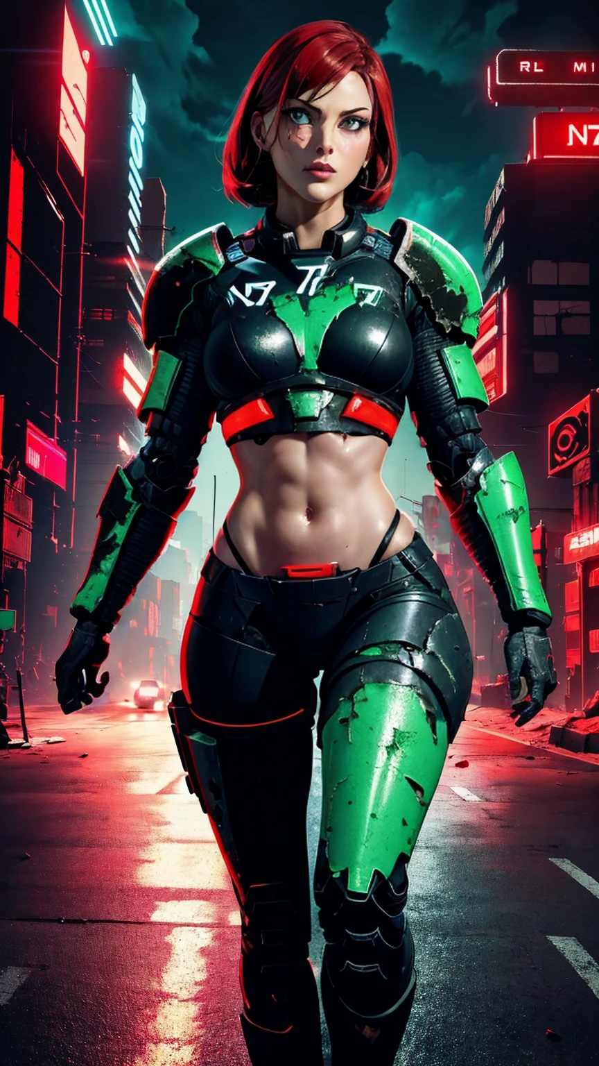 (promotional art), (Whole body), Jane Shepard, solo,short hair,red hair, emerald green eyes,
Shepard, black power armor,  
Walking towards camera, N7, (damaged N7 armor exposing midriff:1.2), (left thigh showing), 
City ruins, neon lights, (insanely detailed, beautiful detailed face, masterpiece, best quality) , (correct eyes:1.3) (correct face) 