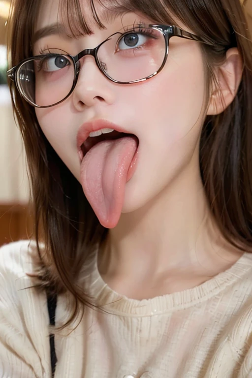 woman, beautiful girl, 、 , Realistic skin of the highest quality, Eyes are focused, 20-year-old, Sticking out tongue, Focus on the mouth, Open your mouth, Long Tongue, saliva, Open your mouth , You can see inside the mouth, Open your mouth Sticking out tongue, Realistic tongue、Provocative eyes、look up、attractive、Wearing glasses、