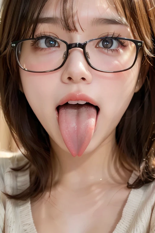 woman, beautiful girl, 、 , Realistic skin of the highest quality, Eyes are focused, 20-year-old, Sticking out tongue, Focus on the mouth, Open your mouth, Long Tongue, saliva, Open your mouth , You can see inside the mouth, Open your mouth Sticking out tongue, Realistic tongue、Provocative eyes、look up、attractive、Wearing glasses、