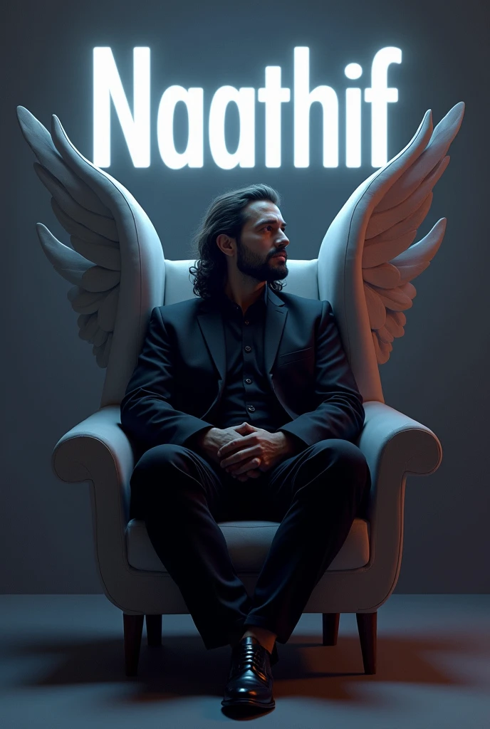 Create a 3D illustration for a profile picture where a 38 year old “Man”,With a long wavy hair, in a black suit, casually on a wings back chair, wearing a black shoe,He looks ahead, the background features “Naathif” in big and capital letters White neon light fronts on the back wall, there should not be his shadow and there are wings to make it appear as if he is angel.