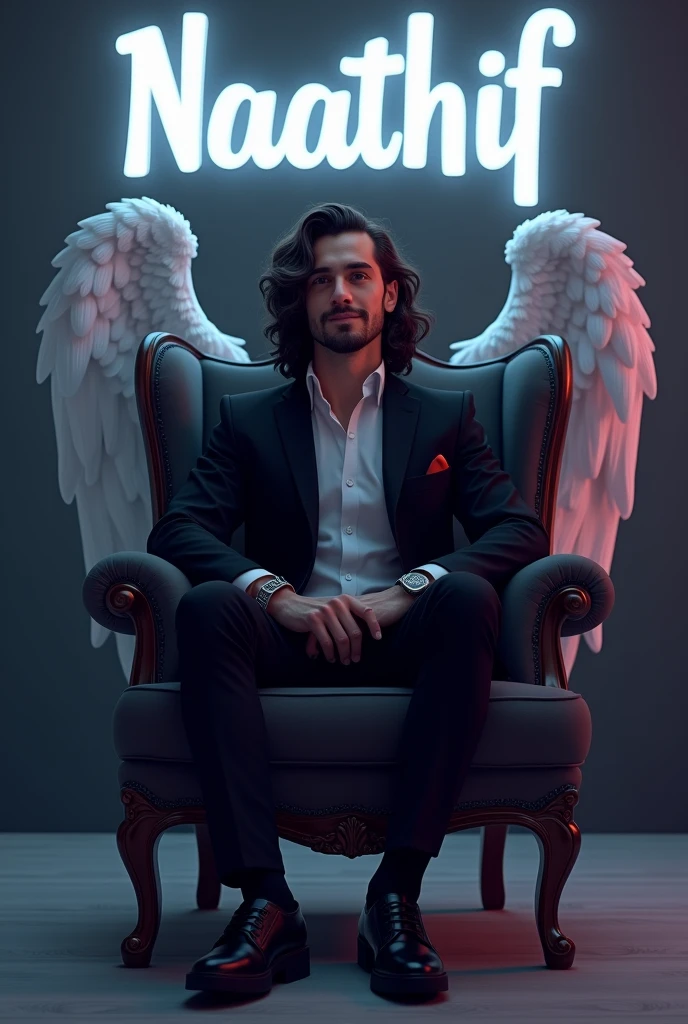 Create a 3D illustration for a profile picture where a 38 year old “Man”,With a long wavy hair, in a black suit, casually on a wings back chair, wearing a black shoe,He looks ahead, the background features “Naathif” in big and capital letters White neon light fronts on the back wall, there should not be his shadow and there are wings to make it appear as if he is angel.