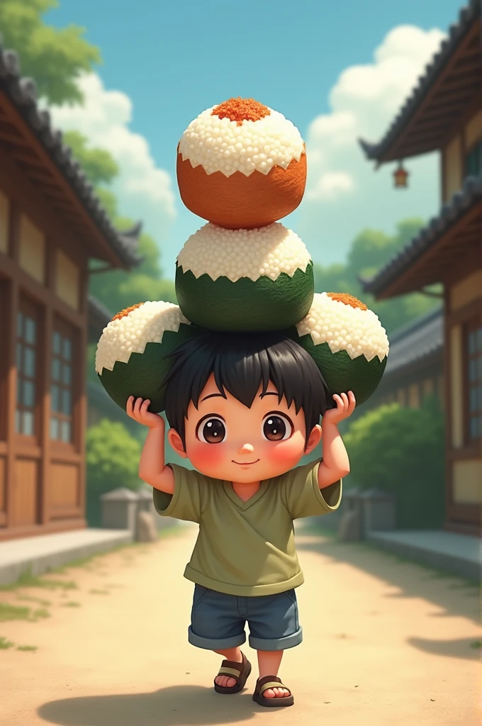 A boy with three rice balls on his shoulder