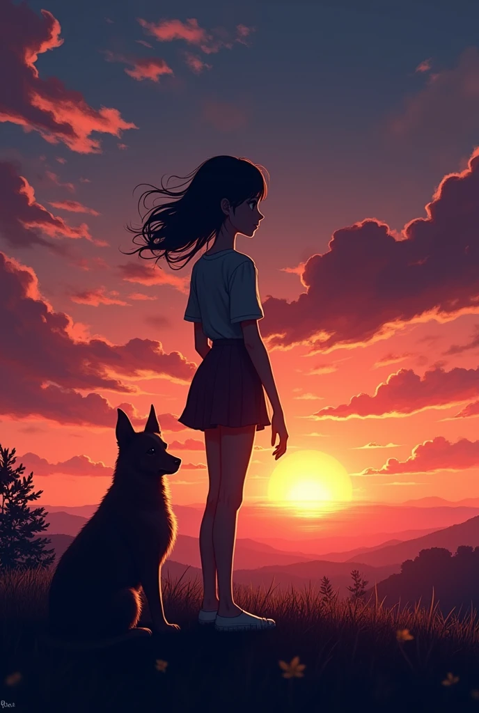 The silhouette of a teenage girl and her dog watching a sunset