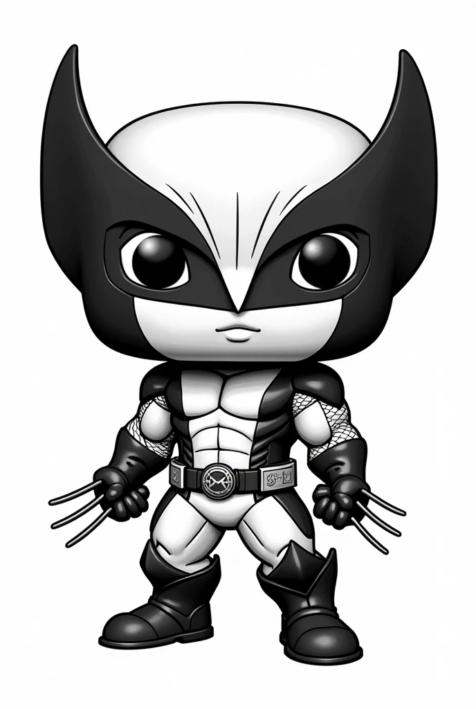 The image features a Wolverine character from the X-Men comics in Funko Pop style. (in strokes, no shadings), Rounded head with full mask covering the face, There must be an empty white background, no shading, with open space between the lines. in black and white