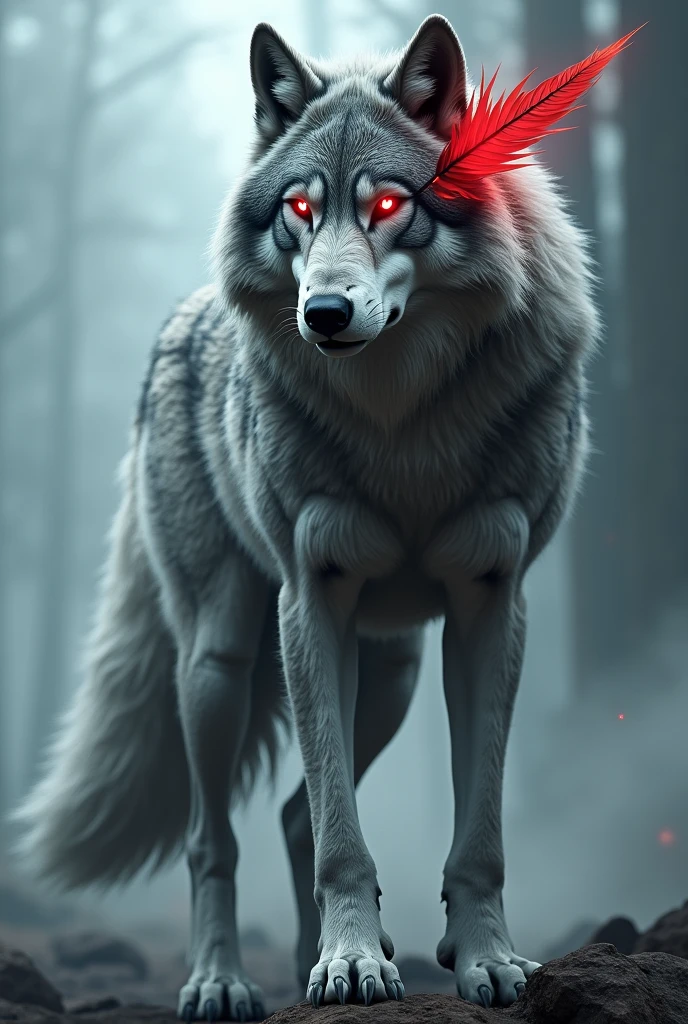 Wolf with fur tail with red eyes and a red feather and a black feather on the right side of the head and 4 meters tall