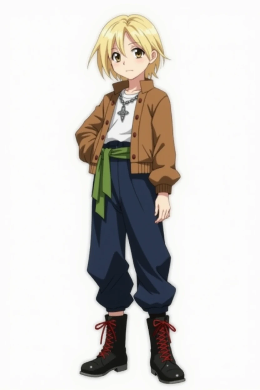 child, masculine, Whole body, Skinny body, short blonde hair, brown eyes, dark blue pants, black boots with red laces, green ribbon on her hip, silver necklace, brown jacket, hunter x hunter, anime, 4k, White background