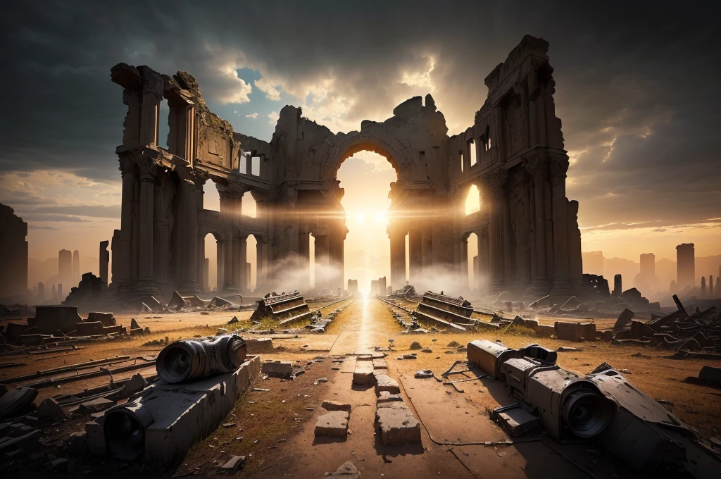 Photo taken from the ground in a ruined city,The sun shines through the clouds, Alexander Kucharsky, post apocalyptic ancient ruins, Epic cinematic matte painting, Symmetrical matte painting, dark ruins landscape, ancient ruins, Epic view of ancient ruins, ancient ruins background, dramatic cinematic composition, Ruins of ancient technology, dramatic concept art, Alexander Bogan , (low angle shot 1.8) ( Camera shot close to the ground 1.8 )