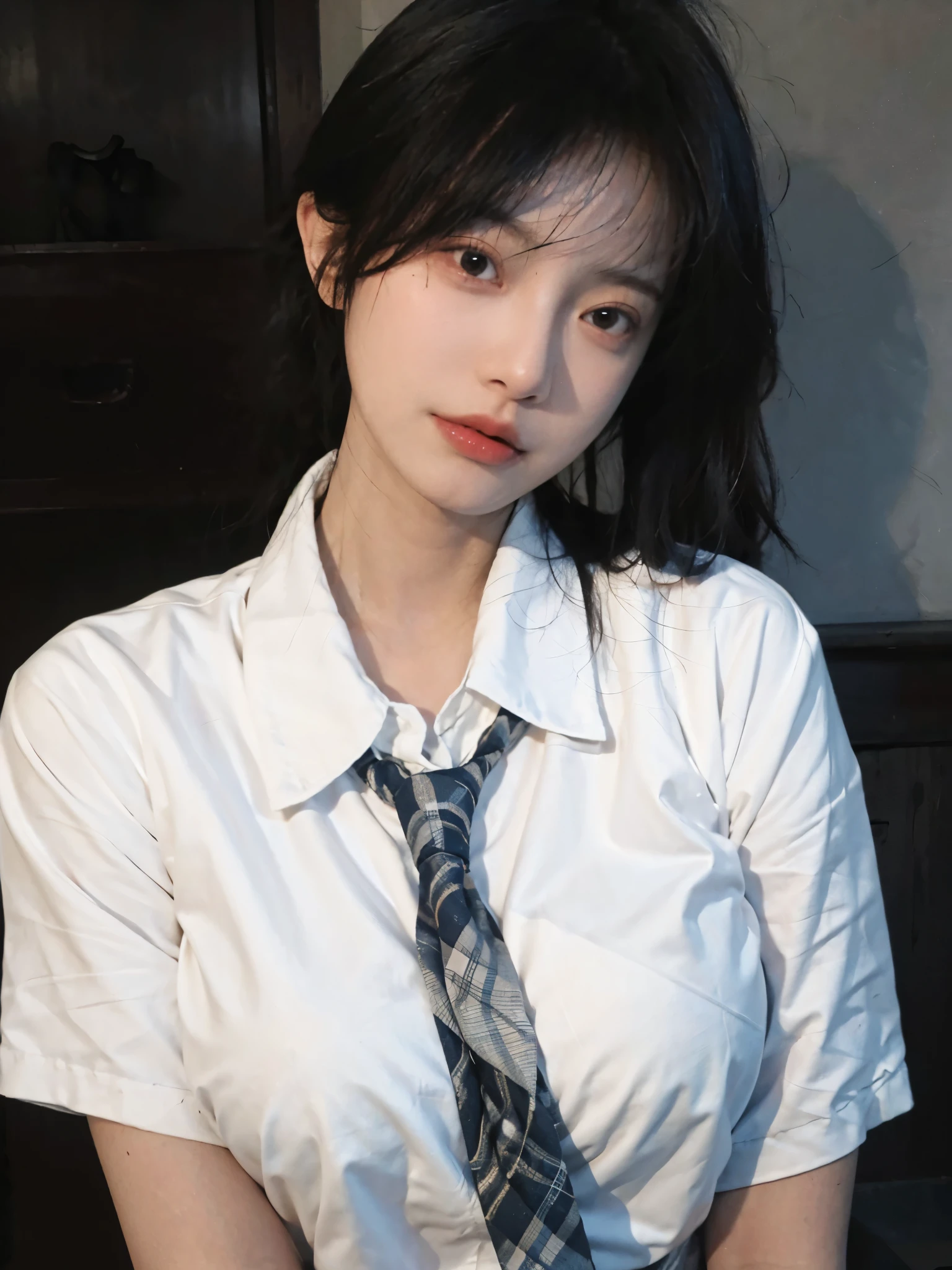 Best quality,masterpiece,ultra high res,(photorealistic:1.4),1girl,sexy,(shirt and tie:1.2),(large breast:1.3),(upper body:1.4)