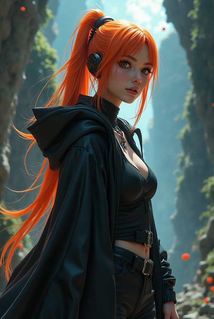 A captivating and vivid illustration of a 3D render art piece depicting a woman in the Kubertai style, embodying the power of the Grim Reaper. With orange hair and a surly demeanor, she dons the attire of the Jet Black Bounty Hunter. Surrounded by the ethereal land of the Jet Black Grim Reaper, the artwork masterfully combines light and shadow to create an enchanting scene. The diverse themes and exquisite details in this painting delve into the realms of fairy tales and biblical stories, while the intricate landscapes further enhance its charm. As an artist of light, this work leaves a lasting impression, merging dark fantasy, anime, and graffiti styles to create an unforgettable masterpiece., anime, fashion, dark fantasy, painting, illustration, vibrant, 3d render, graffiti