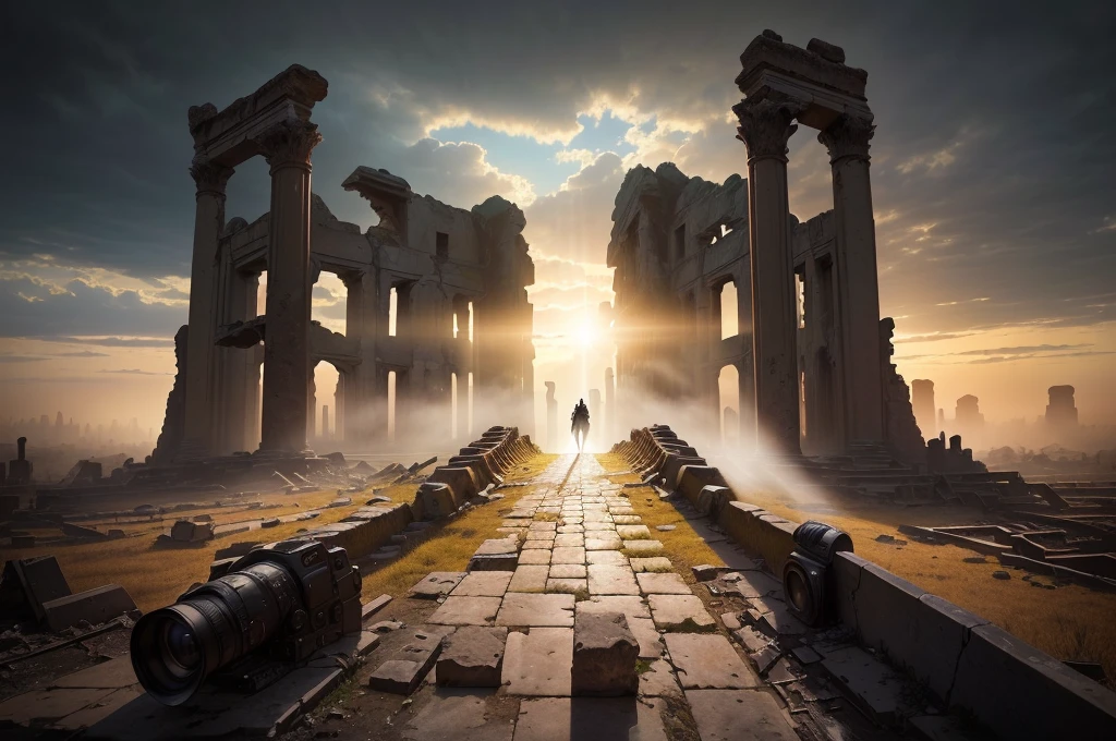 Photo taken from the ground in a ruined city，The sun shines through the clouds, Alexander Kucharsky, post apocalyptic ancient ruins, Epic cinematic matte painting, Symmetrical matte painting, dark ruins landscape, ancient ruins, Epic view of ancient ruins, ancient ruins background, dramatic cinematic composition, Ruins of ancient technology, dramatic concept art, Alexander Bogan , (low angle shot 1.8) ( Camera shot close to the ground 1.8 ）