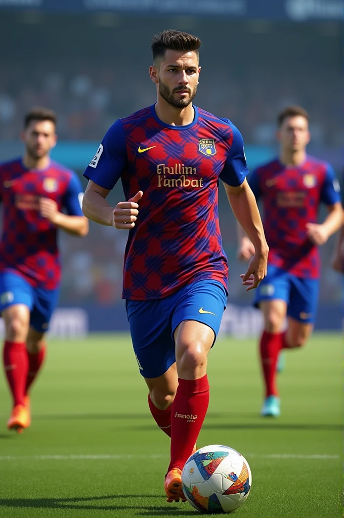 The Barcelona team's uniform is red and blue in color and has a checkered pattern, and hamster kombat is written as a sponsor in the middle of the uniform