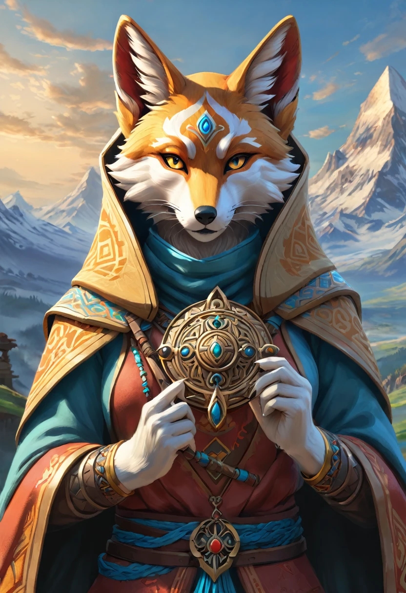 Anthropomorphic kitsune enchanter Official Art – An Award-Winning Digital Masterpiece In 4K Ultra HD, Extreme Detail And Intricate Realism. Symmetrical Face. This Concept Art Brought To Life By The Hands Of Artists Like Wlop & Artgerm In A Stunning 2D Vector Illustration. Breath of the wild. Background Is A Panoramic Vista.