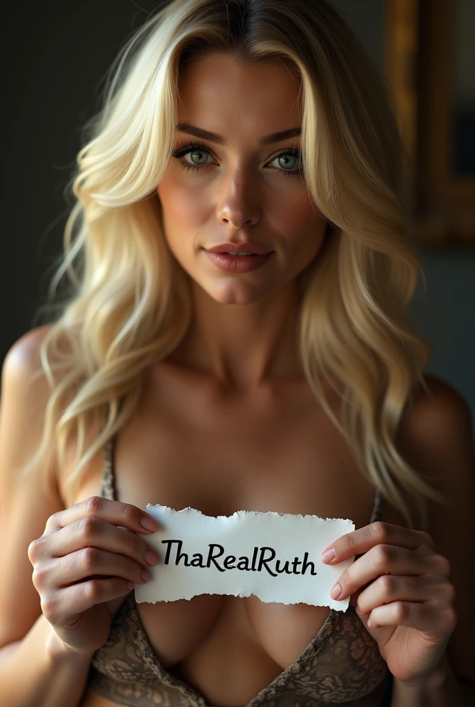 (photorealism:1.2)

A stunning alluring blonde hair woman, that exudes seduction and power. Her eyes are natural blue. Her figurine is alluring and curvaceous. The lighting is soft. Holding a piece of ripped paper that reads “ThaRealRuth” she’s cheekily smiling in the image but no teeth are visible.