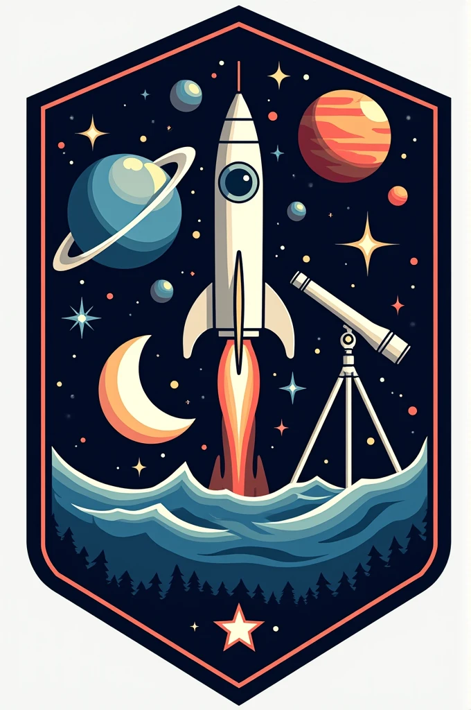 Generates astronomy club emblem that has planet rocket star and telescope