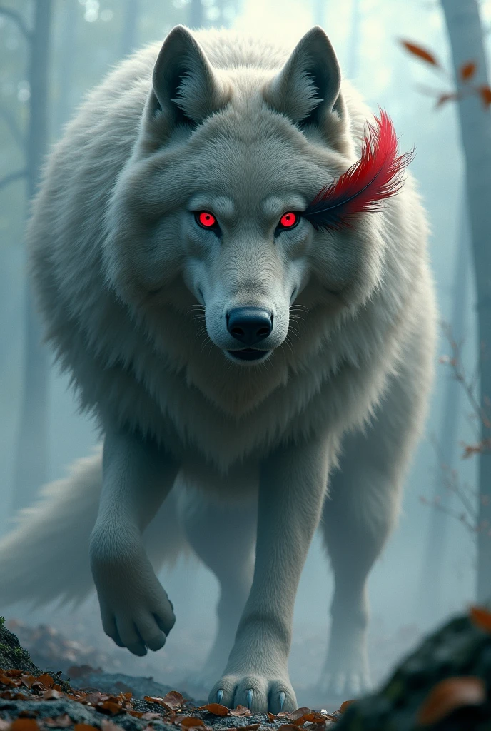 Wolf with fur tail with red eyes and a red feather and a black feather on the right side of the head and 4 meters tall 