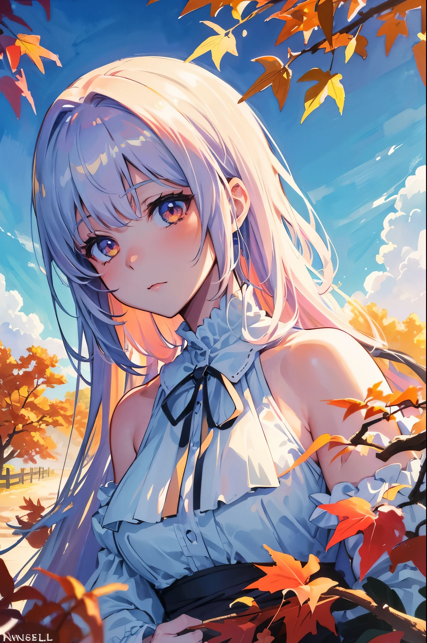 (8k, Highest quality, masterpiece:1.2),(Highest quality:1.0), (Ultra-high resolution:1.0), watercolor, Beautiful woman, shoulder, Hair Ribbon, Agnes Cecil, Half Body Portrait, Very bright and luminous design, pastel colour, (ink:1.3), Autumn Light,
