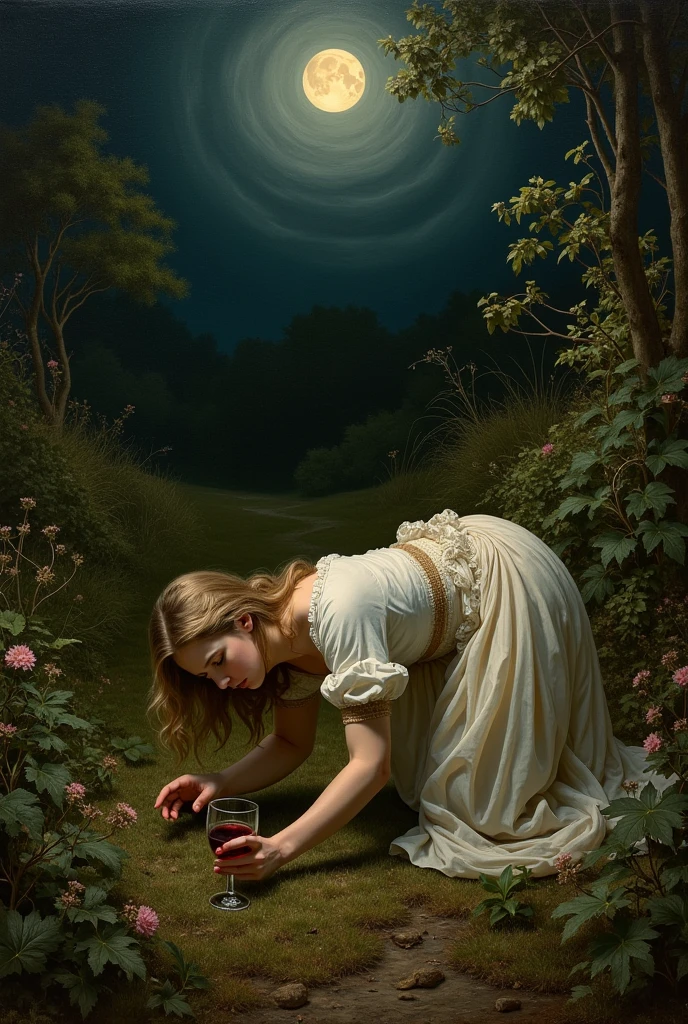 Renaissance painting of a beautiful young woman crawling along the ground trying to reach a glass of red wine amidst a field full of plants on a dark night