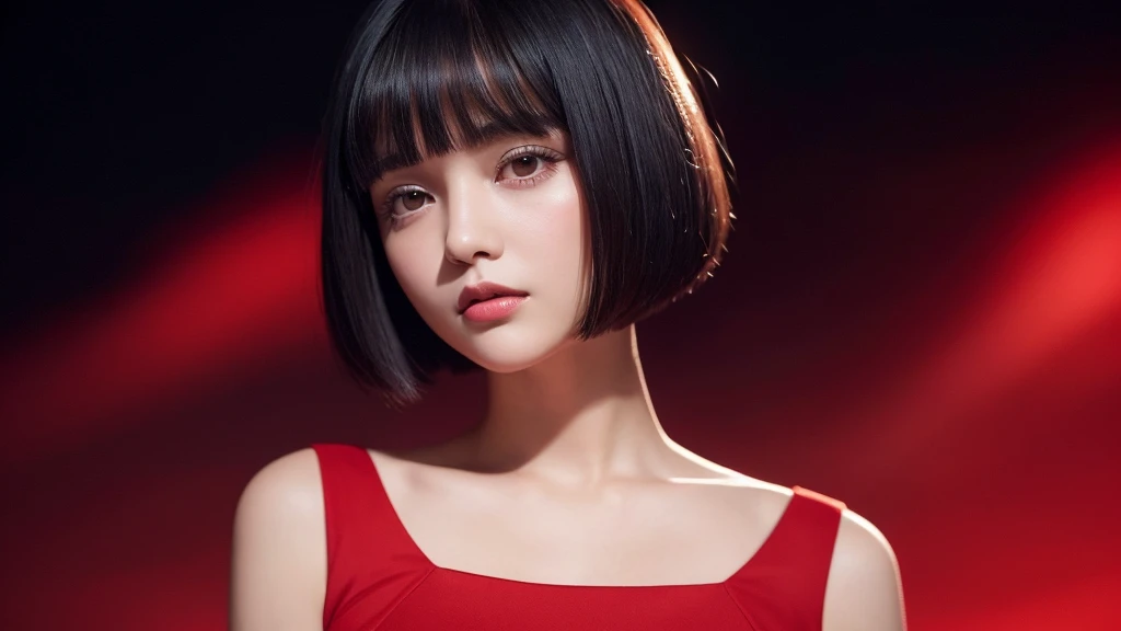 Delicate and dainty young woman with shiny bob-cut black hair . She is wearing bright red. The background is a fantastic and ethereal night sky that seems to be haunted by a specter. Her expression is stern and atmospheric. Angle from directly below. face closeup