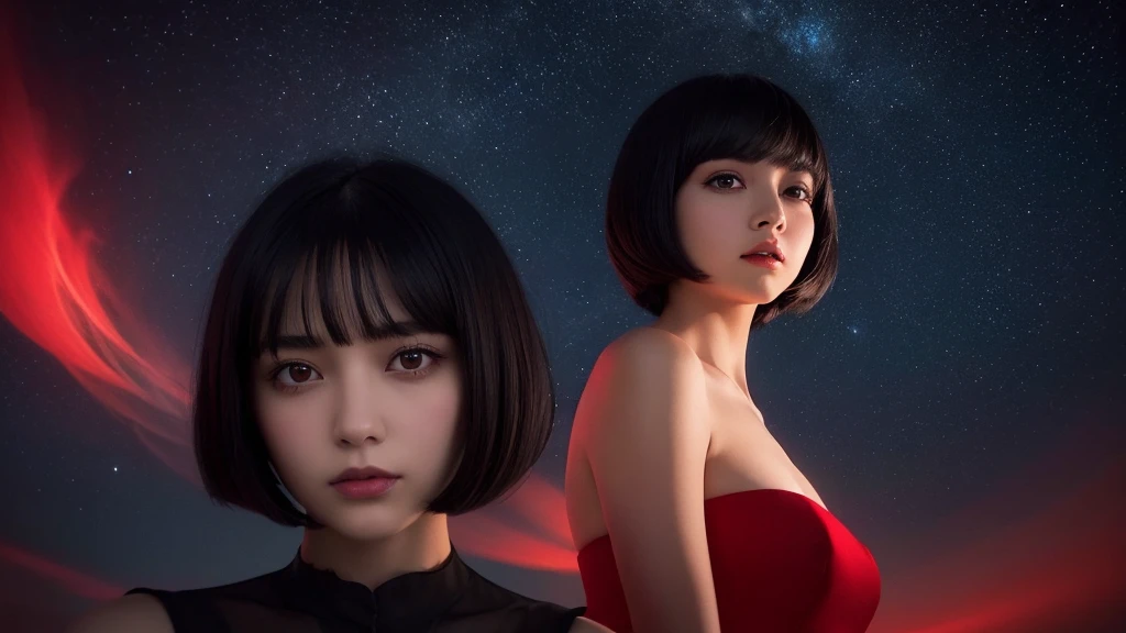 Delicate and dainty young woman with shiny bob-cut black hair . She is wearing bright red. The background is a fantastic and ethereal night sky that seems to be haunted by a specter. Her expression is stern and atmospheric. Angle from directly below. face closeup