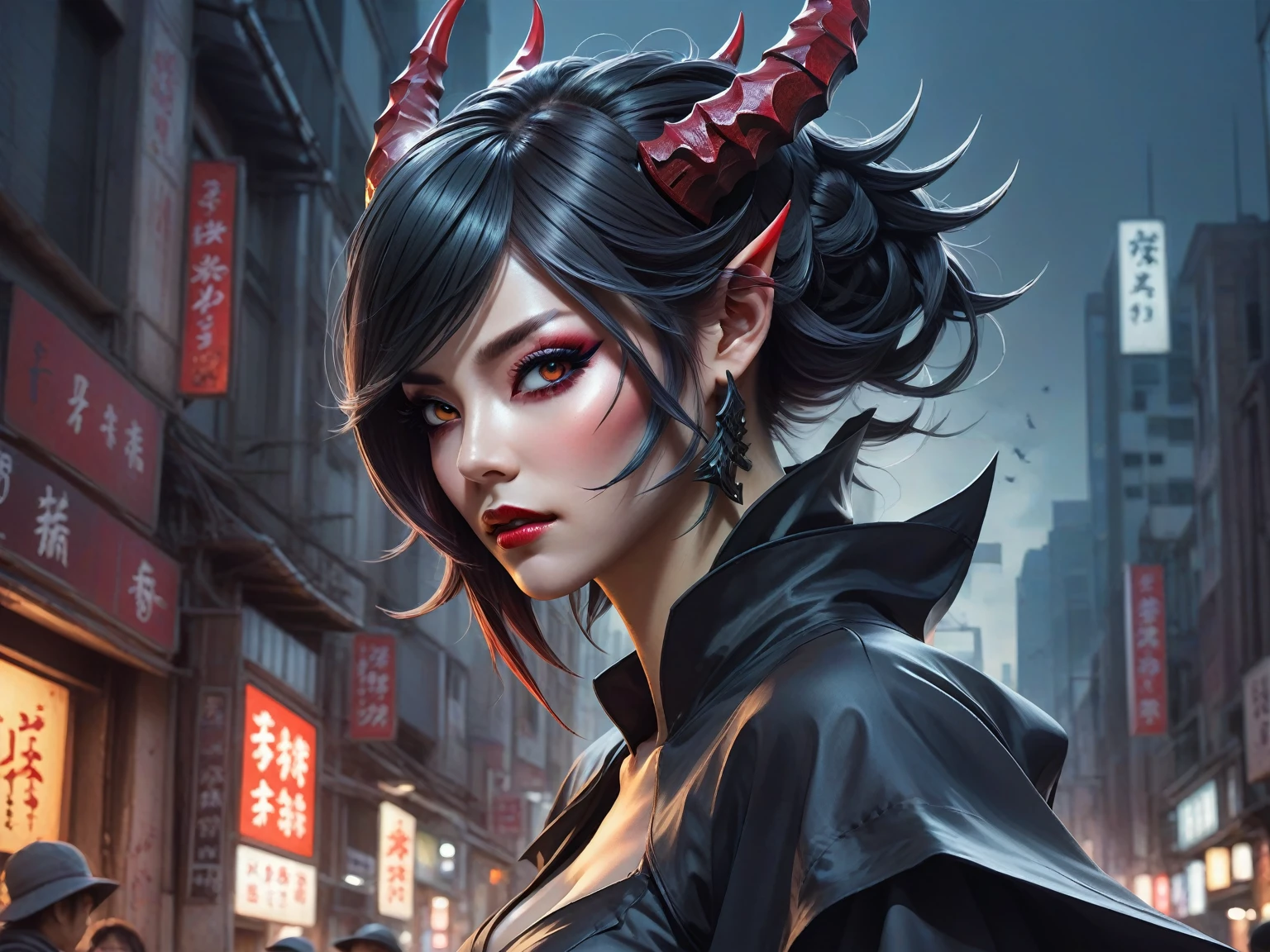 anime - style image of a woman dressed as a demon in a city, extremely detailed artgerm, artgerm detailed, artgerm lau, style artgerm, artgerm portrait, artgerm style, in the style artgerm, artgerm and wlop, style of artgerm, by ruan jia and stanley artgerm