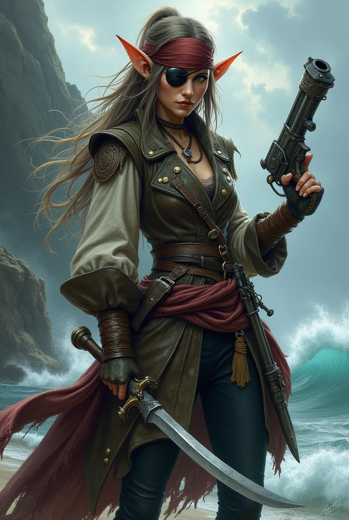 Pirate elf with eyepatch resembling Captain Jack Sparrow The woman has 2 hand cannons and a scimitar at her waist 