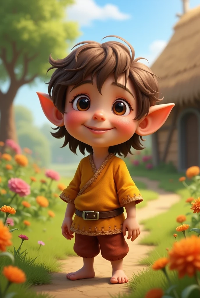 
Make a Halfling character with wavy brown hair, brown eyes and simple clothes with bright colors