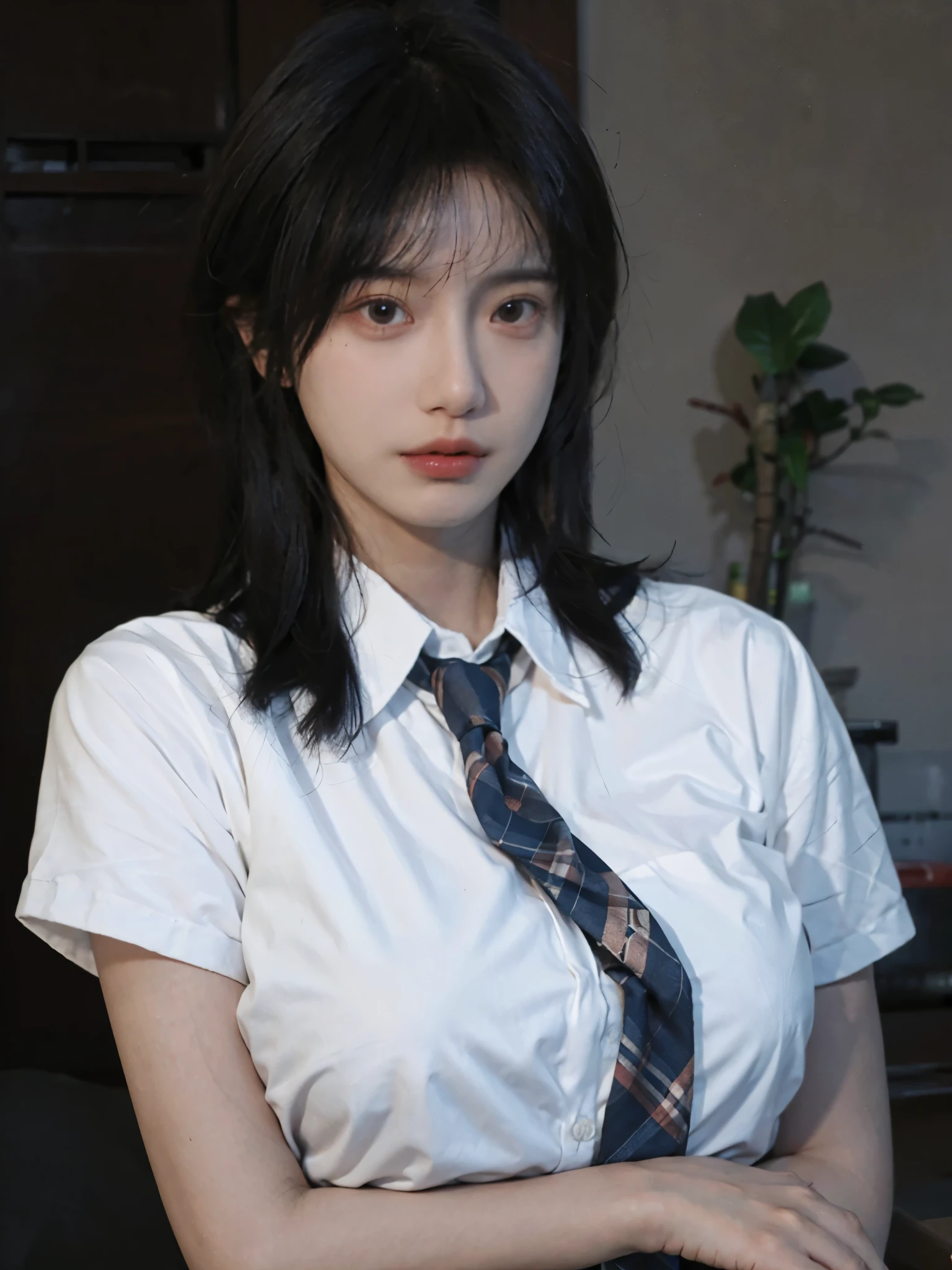 Best quality,masterpiece,ultra high res,(photorealistic:1.4),1girl,sexy,(shirt and tie:1.2),(large breast:1.3),(upper body:1.4)