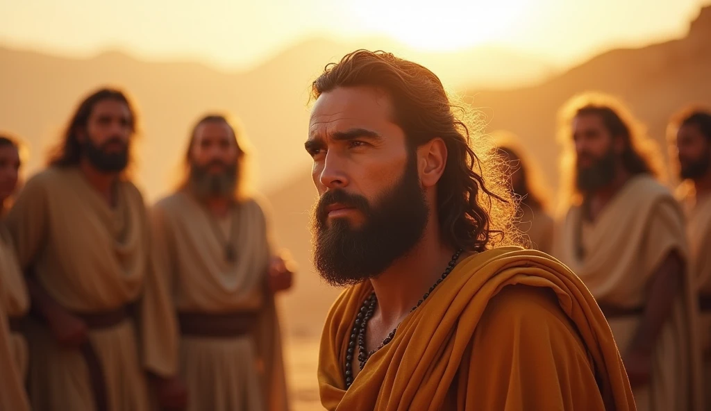 Moses in a leadership position, looking at the Hebrew people with an expression of determination. The background shows the desert, and the sunlight illuminates your face, evoking confidence and strength.