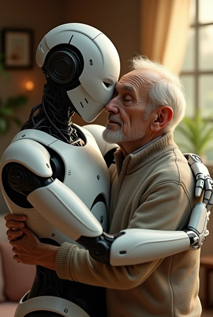 Robot that looks like it's 24 years old hugging an elderly man