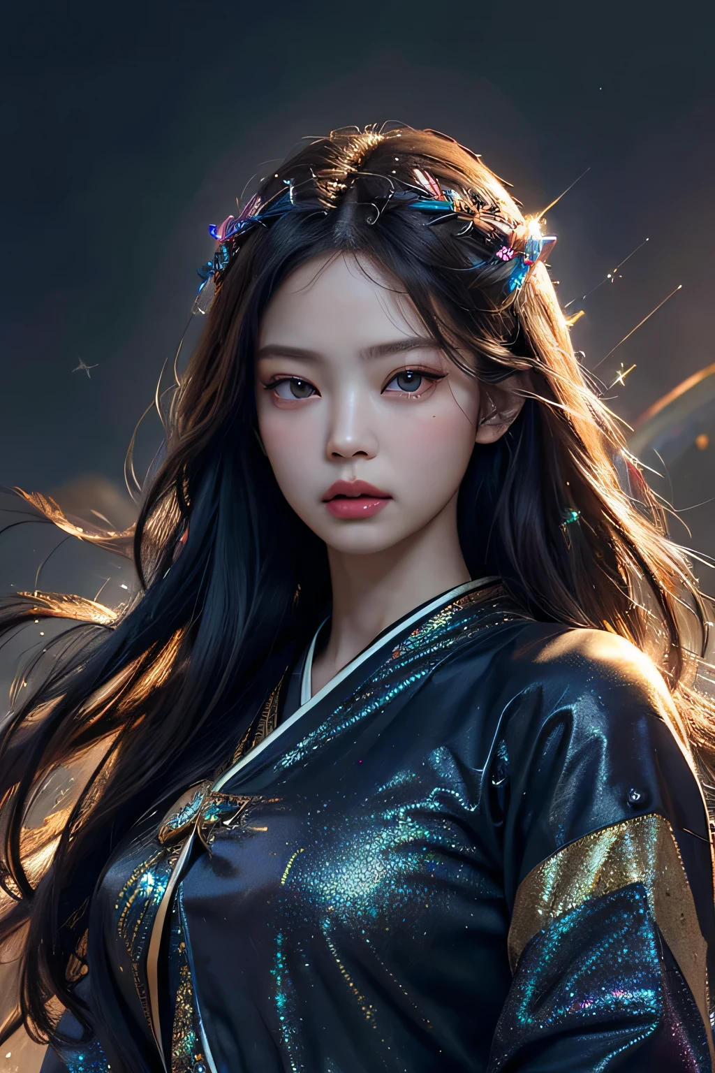 Kim jennie. a young woman with long dark hair, beautiful detailed eyes, beautiful detailed lips, extremely detailed face, longeyelashes, wearing a butterfly kimono, (best quality,4k,8k,highres,masterpiece:1.2),ultra-detailed,(realistic,photorealistic,photo-realistic:1.37),exquisite detail,intricate details,highly detailed,vivid colors,warm lighting,cinematic lighting,dramatic lighting, iridescence, dramatic angle, space, (floating colorful sparkles:1.3), Dramatic Lighting, Chiaroscuro, Evocative Depth. Portrait. Jennie