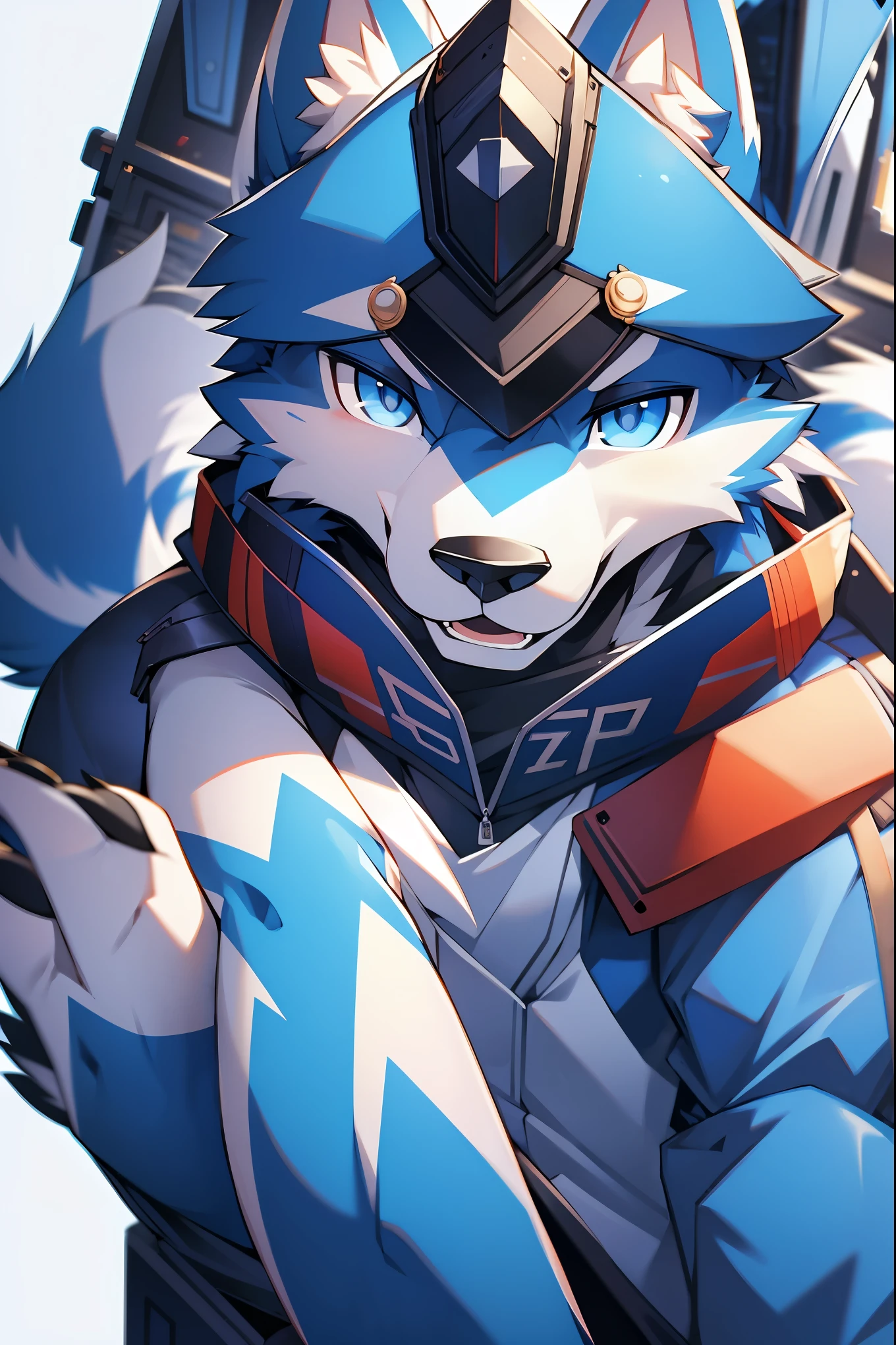 masterpiece,High quality,furry,male,(Alaskan Malamute),(police),blue eye,(blue fur),perfect background,One person