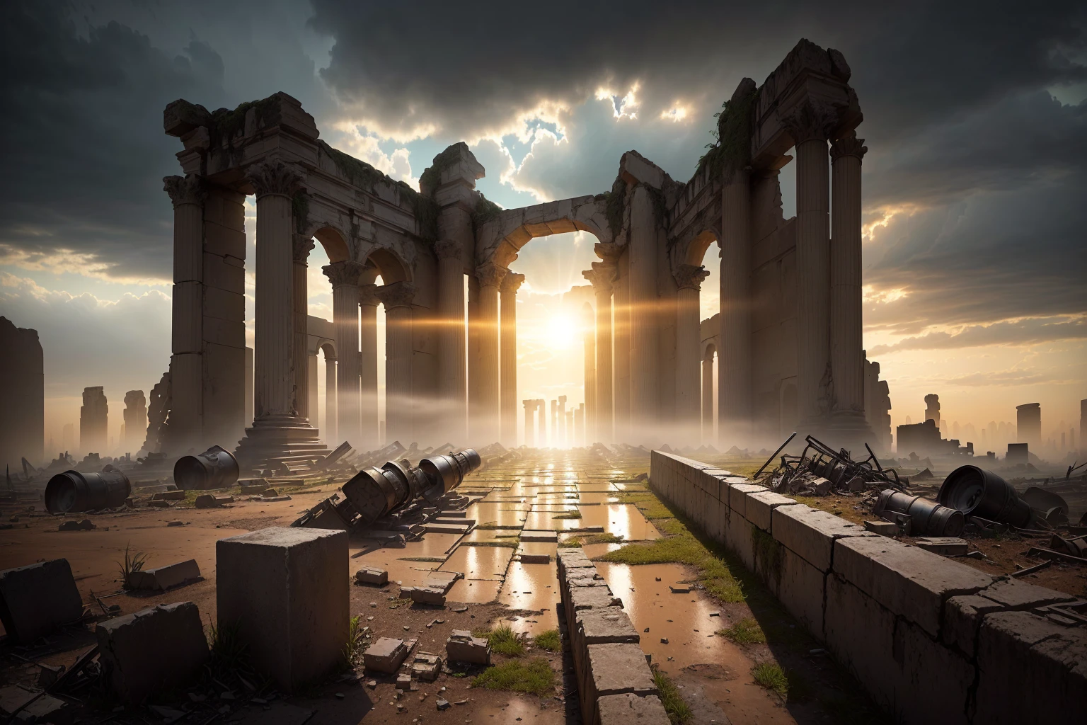 Photo taken from the ground in a ruined city，The sun shines through the clouds, Alexander Kucharsky, post apocalyptic ancient ruins, Epic cinematic matte painting, Symmetrical matte painting, dark ruins landscape, ancient ruins, Epic view of ancient ruins, ancient ruins background, dramatic cinematic composition, Ruins of ancient technology, dramatic concept art, Alexander Bogan , (low angle shot 1.8) ( Camera shot close to the ground 1.8 ）