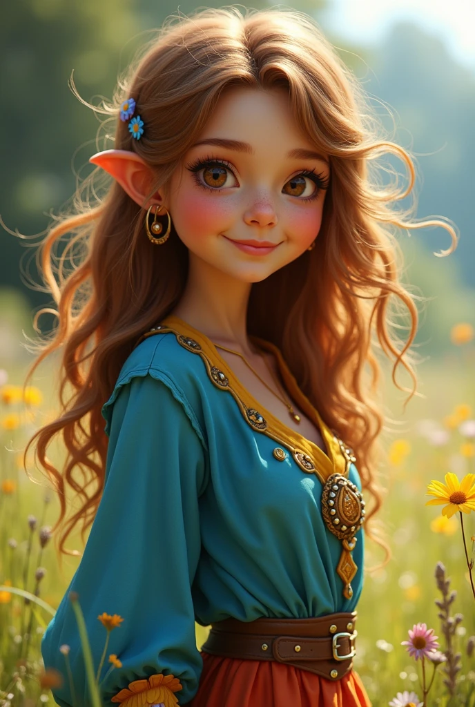 Make a Halfling character with wavy brown hair, brown eyes and simple clothes with bright colors and woman
