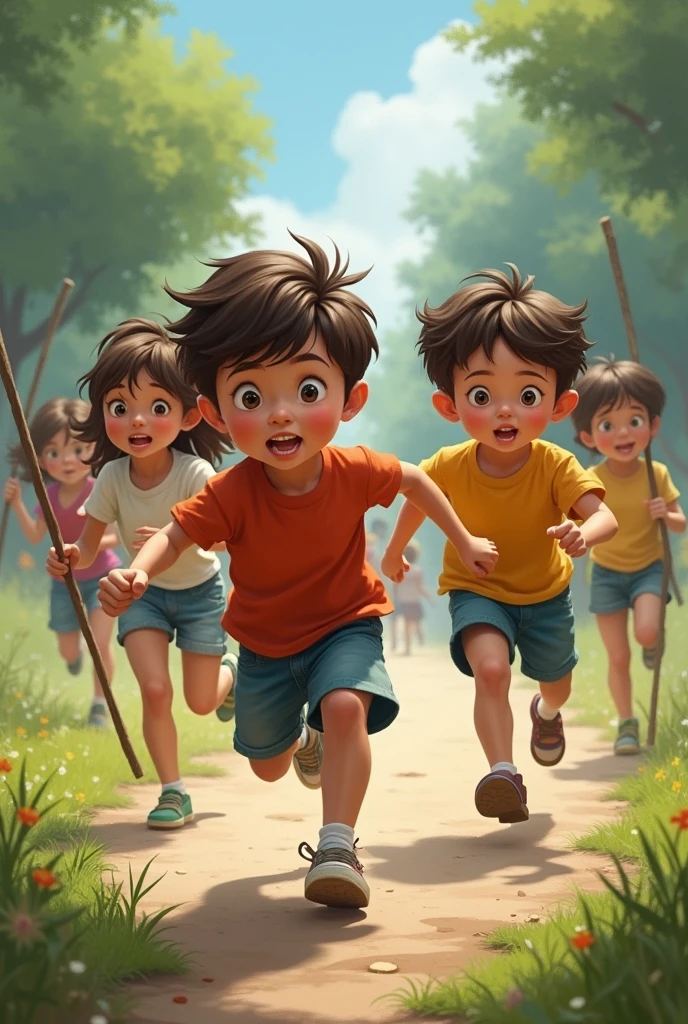 Two boys are followed by five girls with sticks