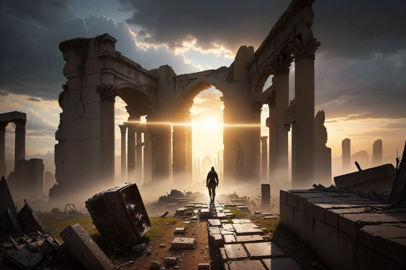 Photo taken from the ground in a ruined city，The sun shines through the clouds, Alexander Kucharsky, post apocalyptic ancient ruins, Epic cinematic matte painting, Symmetrical matte painting, dark ruins landscape, ancient ruins, Epic view of ancient ruins, ancient ruins background, dramatic cinematic composition, Ruins of ancient technology, dramatic concept art, Alexander Bogan , (low angle shot 1.8) ( Camera shot close to the ground 1.8 ）