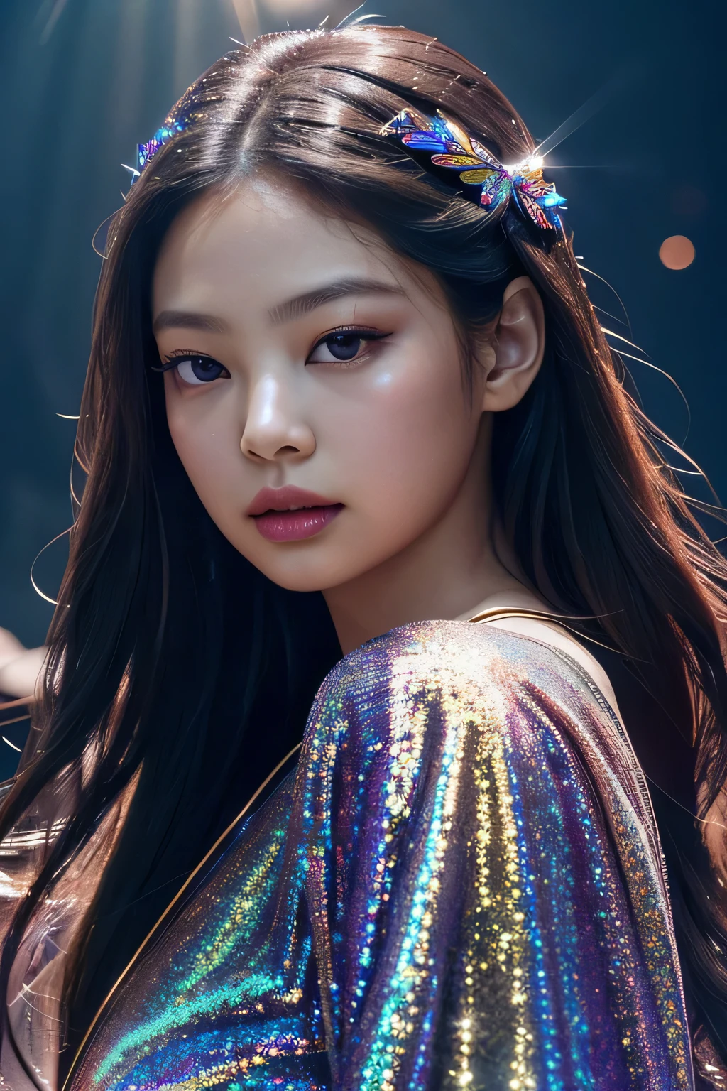 Kim jennie. a young woman with long dark hair, beautiful detailed eyes, beautiful detailed lips, extremely detailed face, longeyelashes, wearing a butterfly kimono, (best quality,4k,8k,highres,masterpiece:1.2),ultra-detailed,(realistic,photorealistic,photo-realistic:1.37),exquisite detail,intricate details,highly detailed,vivid colors,warm lighting,cinematic lighting,dramatic lighting, iridescence, dramatic angle, space, (floating colorful sparkles:1.3), Dramatic Lighting, Chiaroscuro, Evocative Depth. Portrait. Jennie